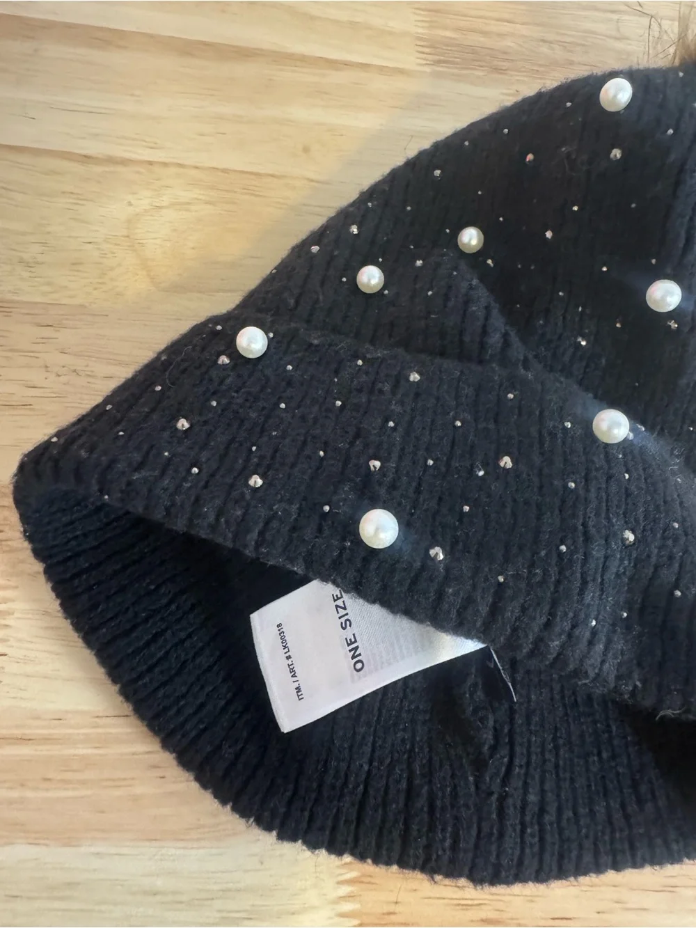 Lucky Brand Cute Girly Black and Pearls Puff Beanie